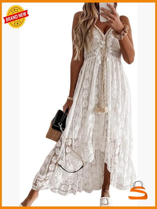 Dresses & Skirts - Maxi Summer Dress Lace V Neck Sleeveless Boho Crochet Tassel Beach Vacation